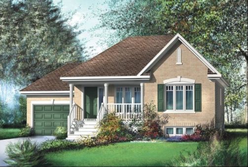  This Canadian house plan has a front porch with wooden columns, arched casement windows with keystones and nice shatters, gable windows, and faced with brick. A hip roof, a complex hip roof with…