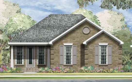 Plan of a one-story brick house with 3 bedrooms, corner fireplace and kitchen-dining room
