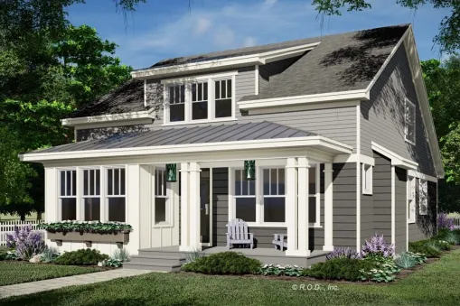 This 211-square-metre New American house plan includes a 2-car alley access garage, a main-floor master suite, two upstairs bedrooms, and a flex room that can be used as a fourth bedroom. The kitchen…