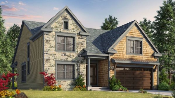 This beautiful Provence style house includes a basement plan with a basement. The left-wing of the house with a pediment is lined with brick and the right with wooden chips. Next to the entrance, to…