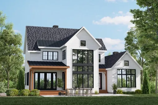 This Contemporary Farmhouse layout has two porches that are separated by a gable that is full of windows. One door opens to the foyer on the smaller porch on the right (the foyer has a matching door…