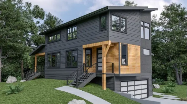 Modern materials will diversify the strict appearance of the house with 3 bedrooms, topped with a pent roof. On the lower level you will find an underground garage for 2 cars, as well as a family room…