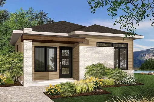 Just 629 square feet of living space, this tiny house plan offers two bedrooms in a compact footprint. The front entrance takes you directly to the living room which is open to the eat-in kitchen.…