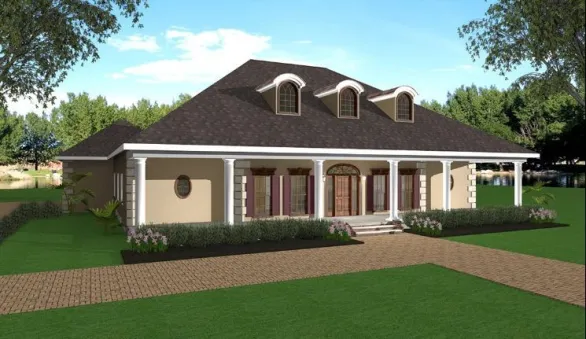This traditional house has Greek revival columns, corners decorated with limestone quoins, an arched entry door with a transom window above, tall windows and faced with stucco. A hip roof, with…