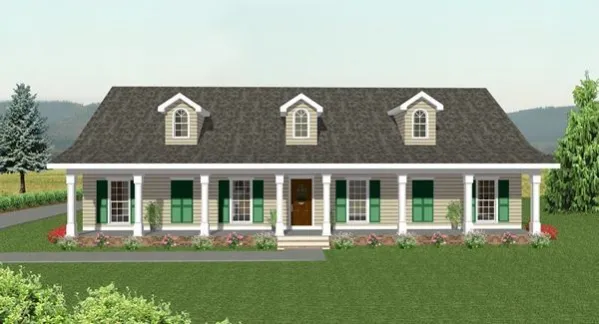  This house facade has windows with nice shatters, skylight windows and faced with facade panels, stone. A gable roof, with several dormer windows completes the look of this house. House plan is 62…