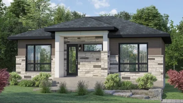 This one-bedroom, one-story house plan features 988 square feet of heated living space hidden behind an appealing exterior with stone accents and plenty of windows. There is a walk-in pantry in the…