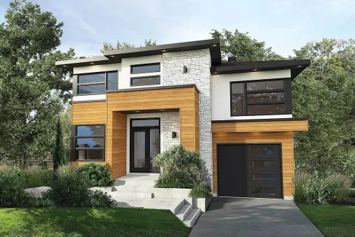 This tri-level, contemporary home plan's modern appeal is enhanced by stucco, stone, and horizontal wood siding. A coat closet greets you in the foyer as you enter. The main level is made up of…