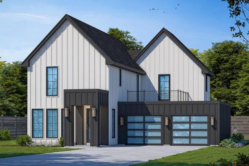 This New American home plan has a contemporary charm, thanks to the way that traditional gables combine with flat rooflines.
The family room, dining area, and kitchen are all located along the left…