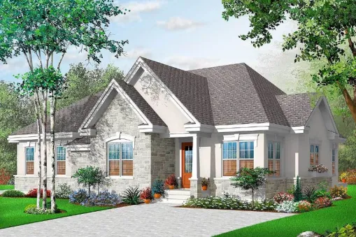 This handsome European-style single-story home plan is 2,700 sq. ft. with two bedrooms and is suitable for two families.