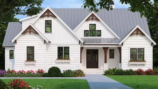 Plan a half-timbered house with attic and beautiful facade up to 2400 sq. ft. with 3 or 5 bedrooms, large veranda with fireplace, glazed porch, and garage.