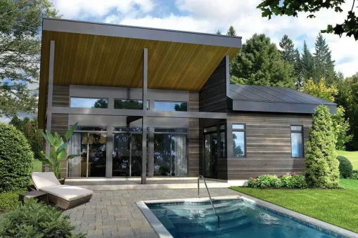 This house plan is suitable for a small footprint. Its width is less than 30' and square footage is up to 1000 sqft.
A dramatic shed roof over the main living area gives you 14' vaulted ceilings that…