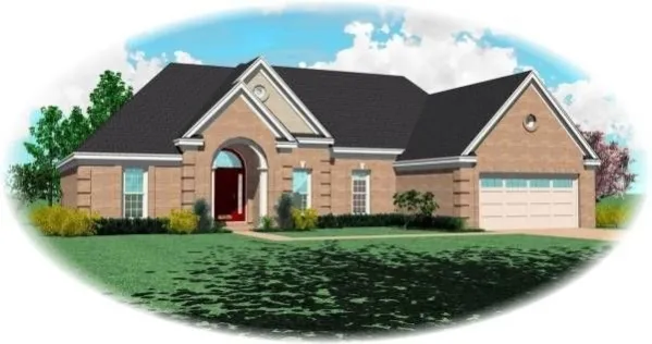  This house plan has front porch arch, corners decorated with brick quoins, an arched entry door with a transom window above, tall sash windows, gable windows, and faced with brick. A complex hip roof…